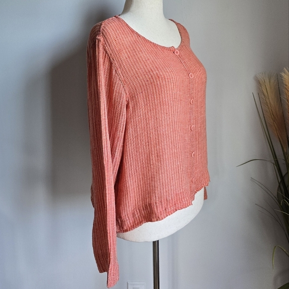 FLAX, Coral Textured Linen Button Front Cardigan Topper Shirt, Size Medium - Picture 3 of 9